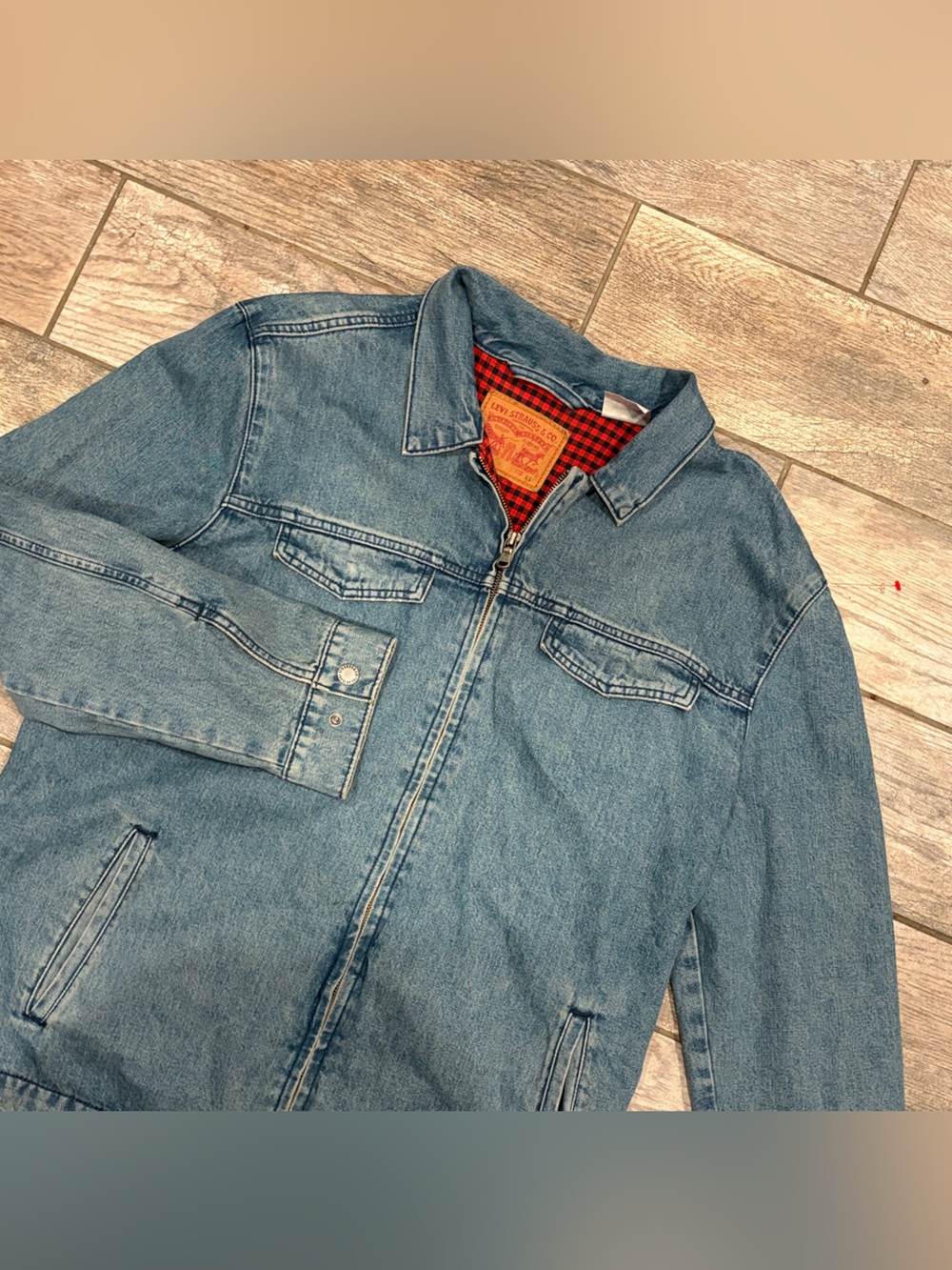 Levi’s Denim Jacket Mens XL Full Zip Plaid Lined Workwear Coat Med Wash Trucker
